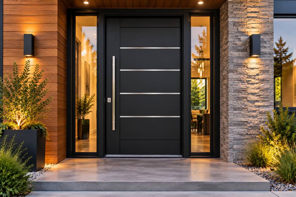 Design concept visual: sophisticated black security door with horizontal metal detailing, a full-height pull and glass sidelights, in a modern wood and stone residence.