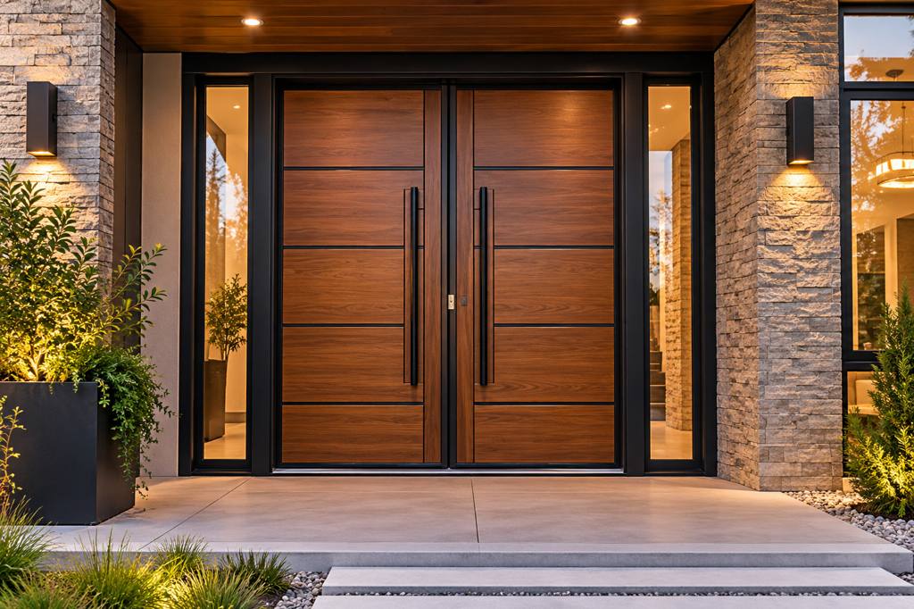 Design concept visual: elegant double security entrance with a warm wood finish and dark metal structure, set in a contemporary residence with stone cladding and warm lighting.