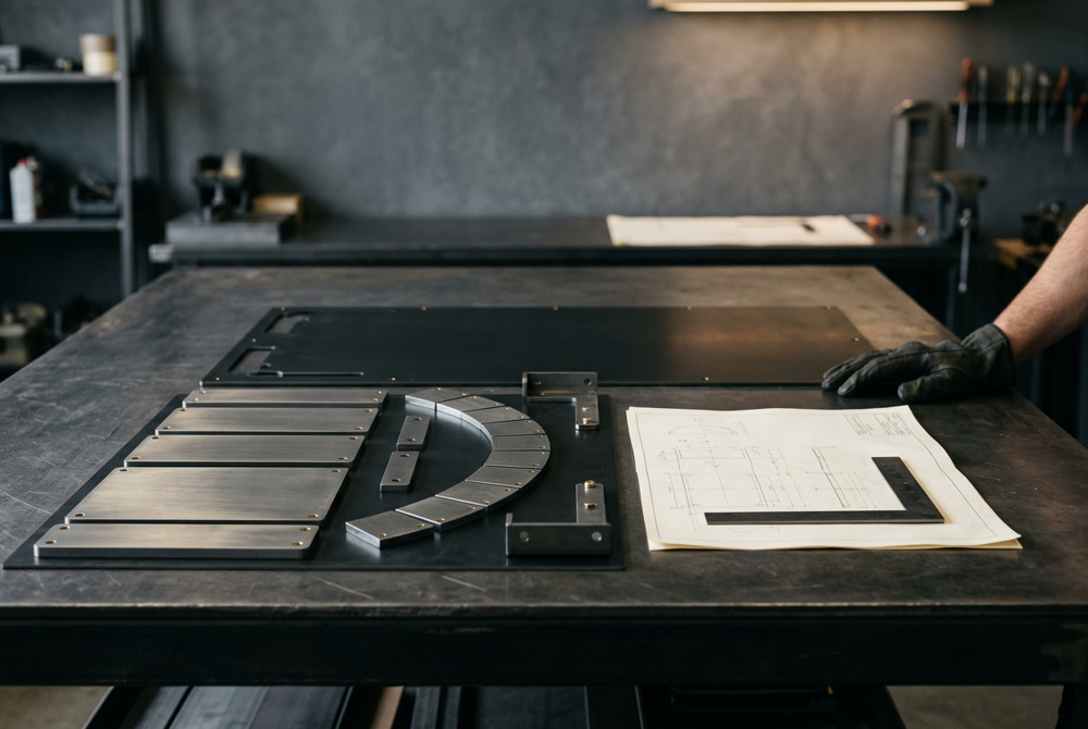 Flat metal sheet and precisely cut metal sections laid out in order on a dark workbench beside a technical drawing and a square.